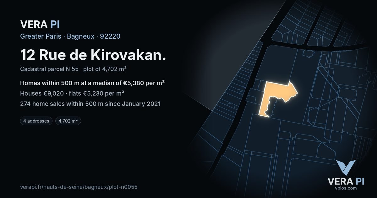 12 Rue de Kirovakan, Bagneux at night – the plot lit, the parcels around coloured by the prices near them