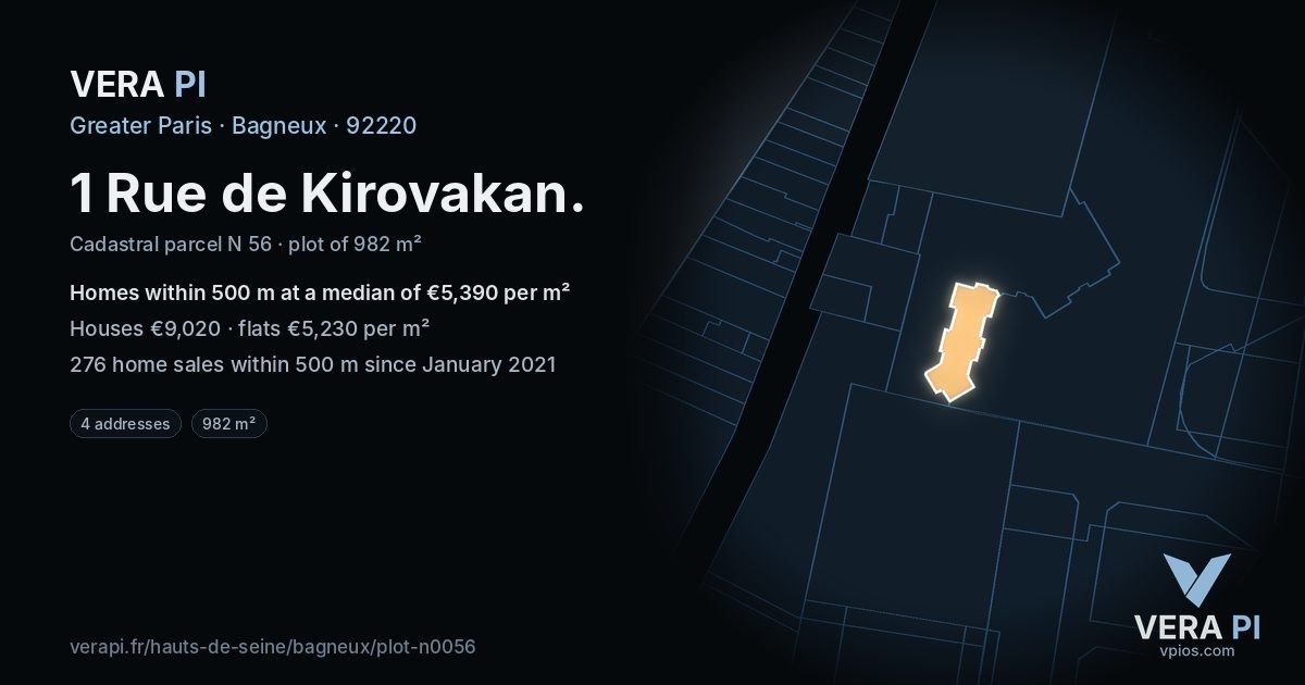 1 Rue de Kirovakan, Bagneux at night – the plot lit, the parcels around coloured by the prices near them