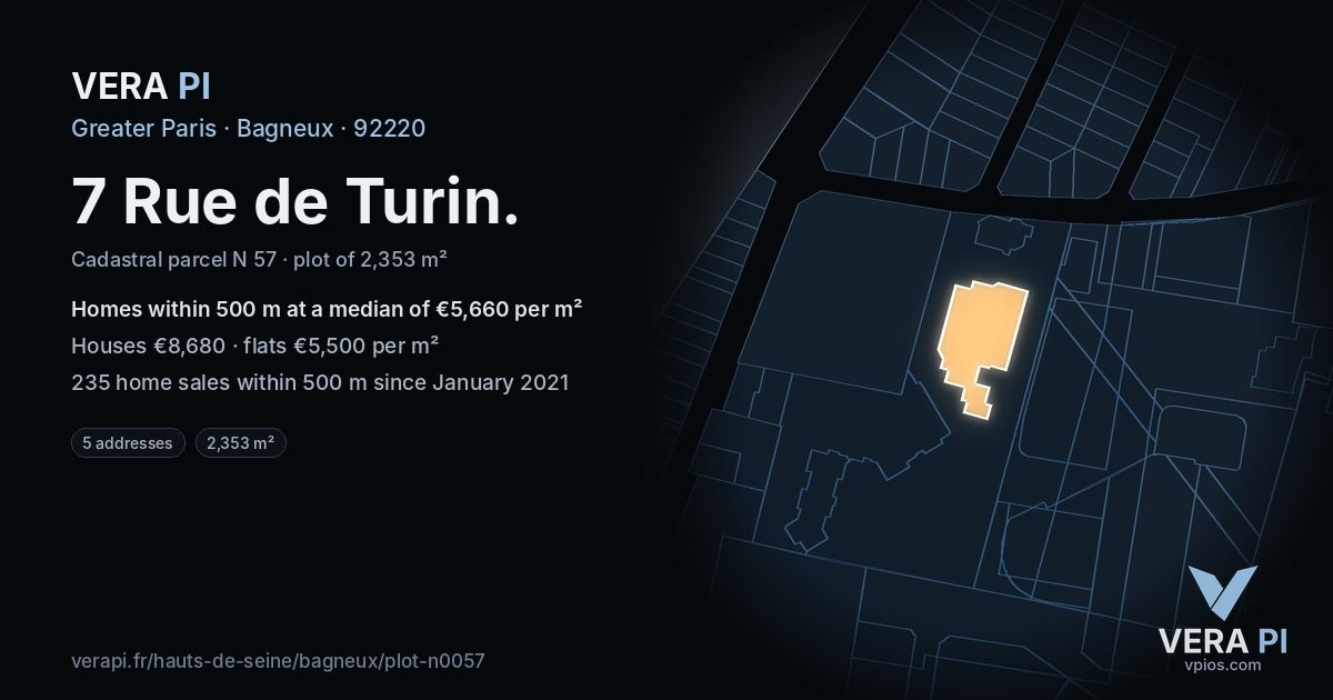 7 Rue de Turin, Bagneux at night – the plot lit, the parcels around coloured by the prices near them