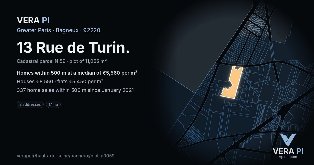 13 Rue de Turin, Bagneux at night – the plot lit, the parcels around coloured by the prices near them