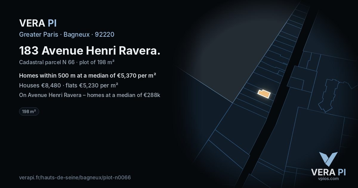 183 Avenue Henri Ravera, Bagneux at night – the plot lit, the parcels around coloured by the prices near them