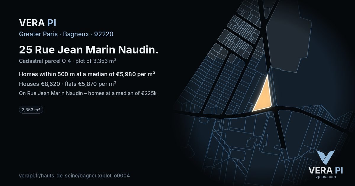 25 Rue Jean Marin Naudin, Bagneux at night – the plot lit, the parcels around coloured by the prices near them