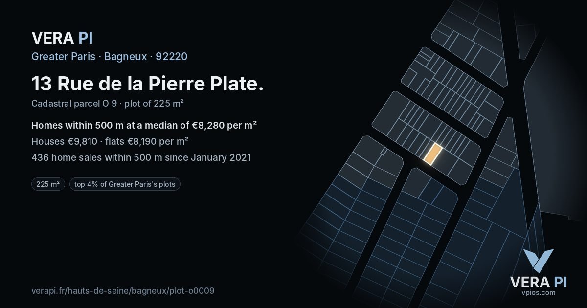 13 Rue de la Pierre Plate, Bagneux at night – the plot lit, the parcels around coloured by the prices near them