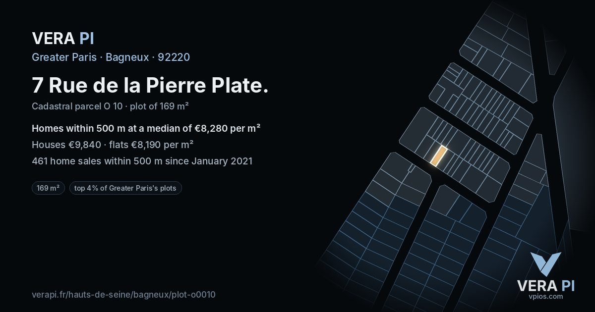 7 Rue de la Pierre Plate, Bagneux at night – the plot lit, the parcels around coloured by the prices near them