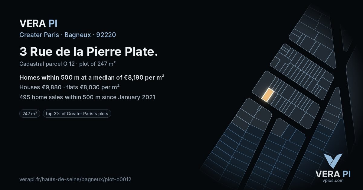 3 Rue de la Pierre Plate, Bagneux at night – the plot lit, the parcels around coloured by the prices near them