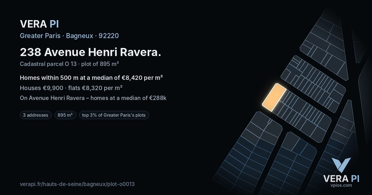 238 Avenue Henri Ravera, Bagneux at night – the plot lit, the parcels around coloured by the prices near them