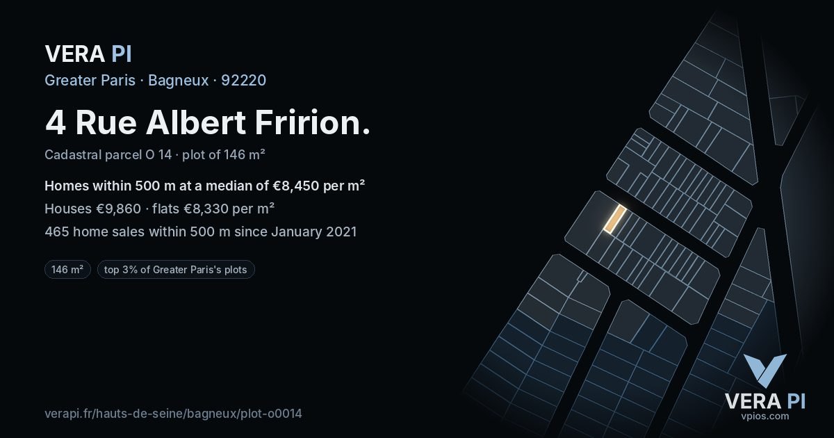 4 Rue Albert Fririon, Bagneux at night – the plot lit, the parcels around coloured by the prices near them