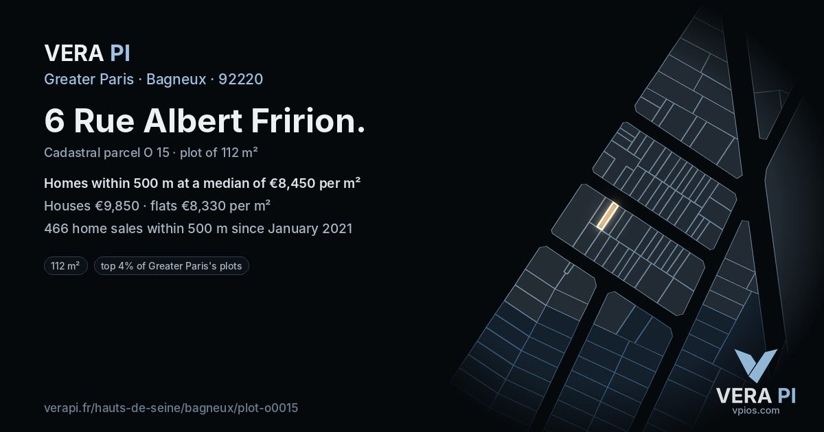 6 Rue Albert Fririon, Bagneux at night – the plot lit, the parcels around coloured by the prices near them