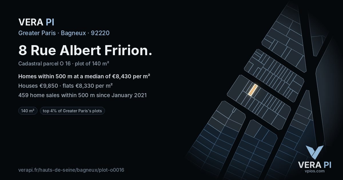 8 Rue Albert Fririon, Bagneux at night – the plot lit, the parcels around coloured by the prices near them