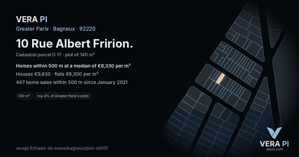 10 Rue Albert Fririon, Bagneux at night – the plot lit, the parcels around coloured by the prices near them