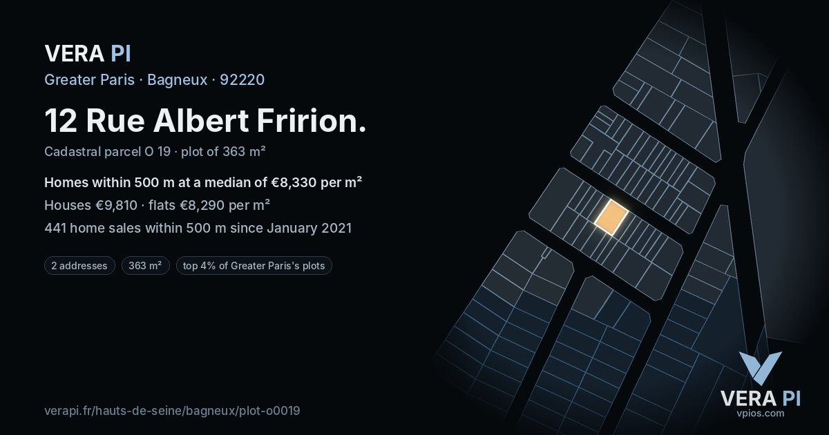 12 Rue Albert Fririon, Bagneux at night – the plot lit, the parcels around coloured by the prices near them