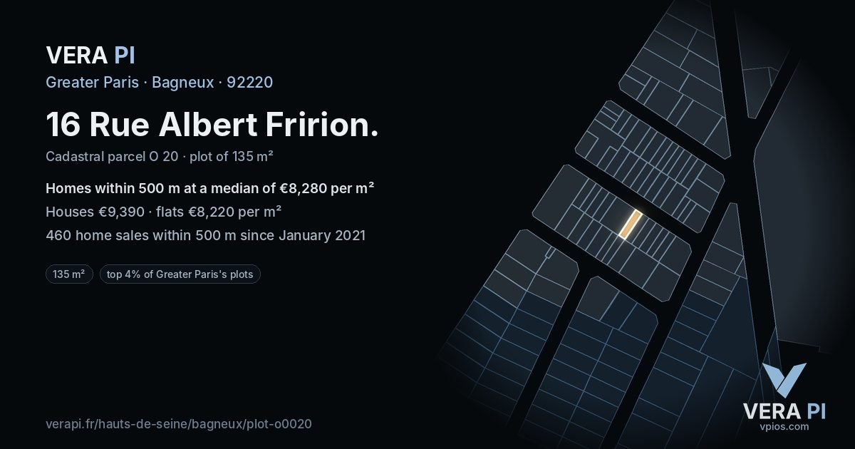 16 Rue Albert Fririon, Bagneux at night – the plot lit, the parcels around coloured by the prices near them