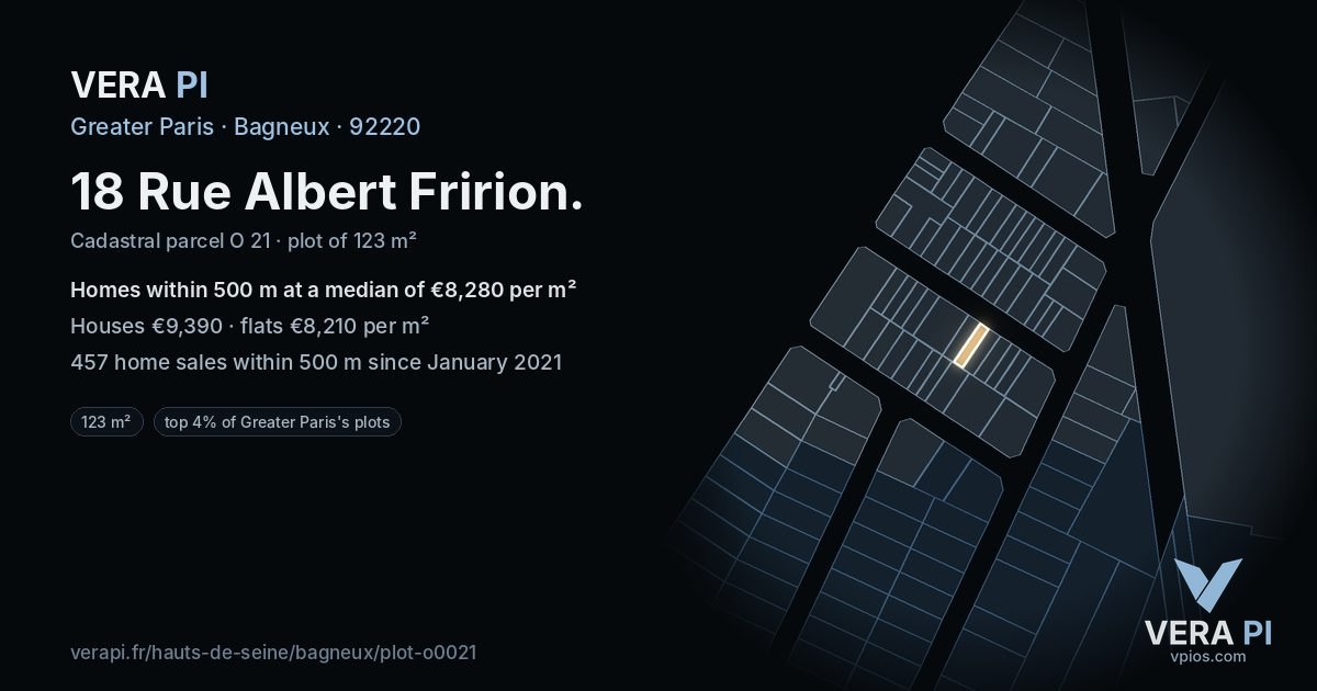 18 Rue Albert Fririon, Bagneux at night – the plot lit, the parcels around coloured by the prices near them