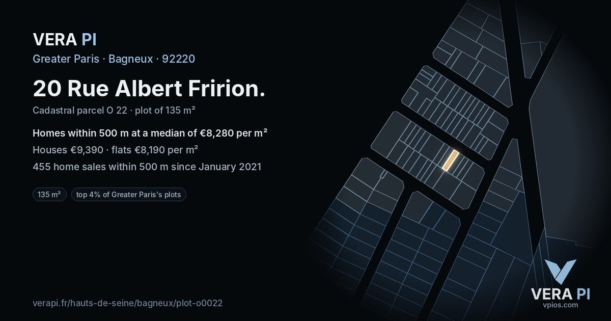 20 Rue Albert Fririon, Bagneux at night – the plot lit, the parcels around coloured by the prices near them
