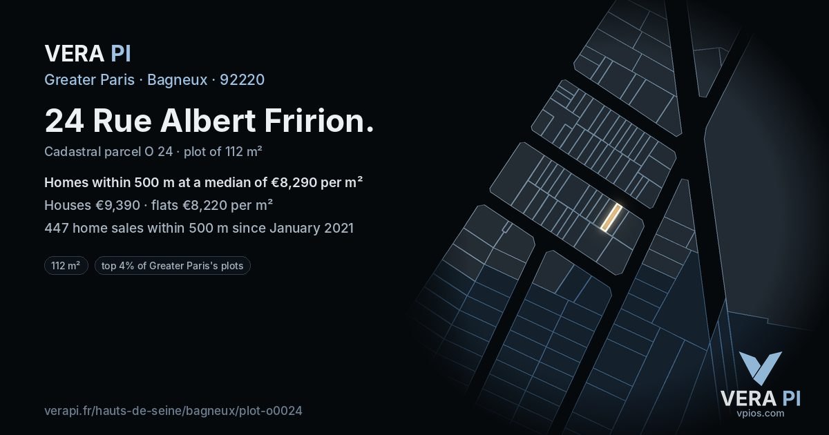24 Rue Albert Fririon, Bagneux at night – the plot lit, the parcels around coloured by the prices near them