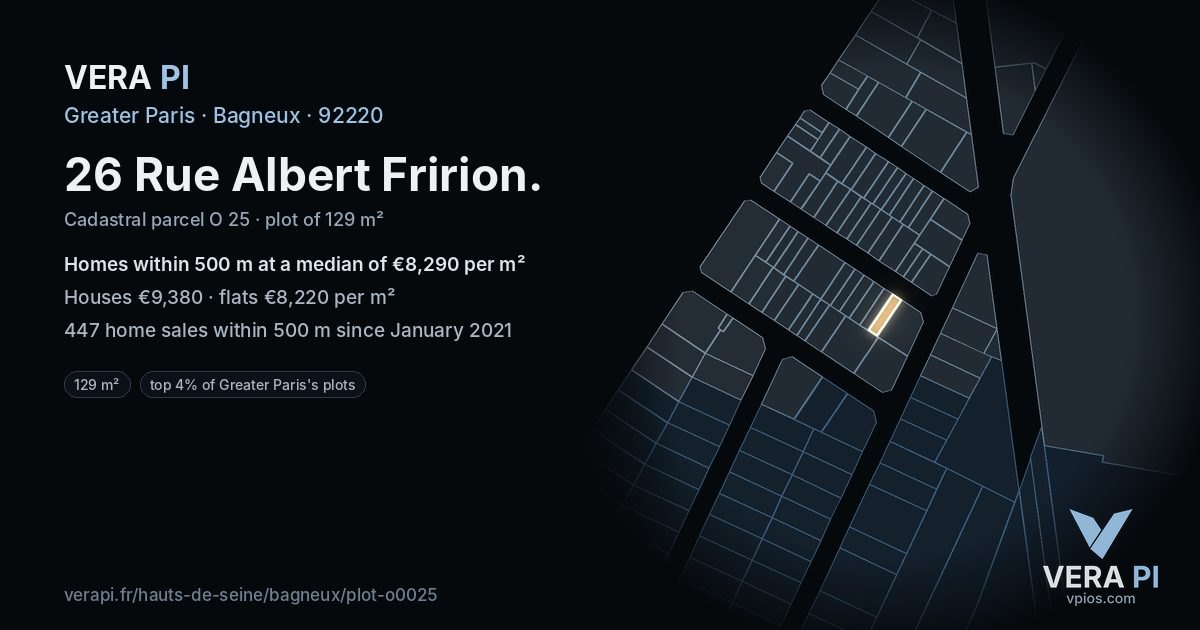 26 Rue Albert Fririon, Bagneux at night – the plot lit, the parcels around coloured by the prices near them