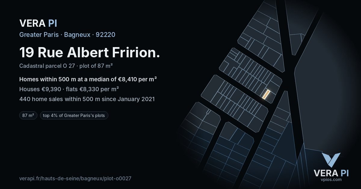 19 Rue Albert Fririon, Bagneux at night – the plot lit, the parcels around coloured by the prices near them