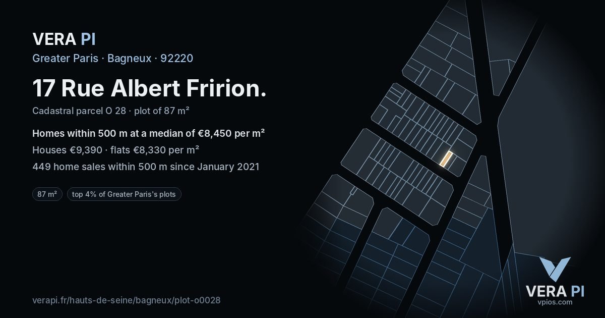 17 Rue Albert Fririon, Bagneux at night – the plot lit, the parcels around coloured by the prices near them