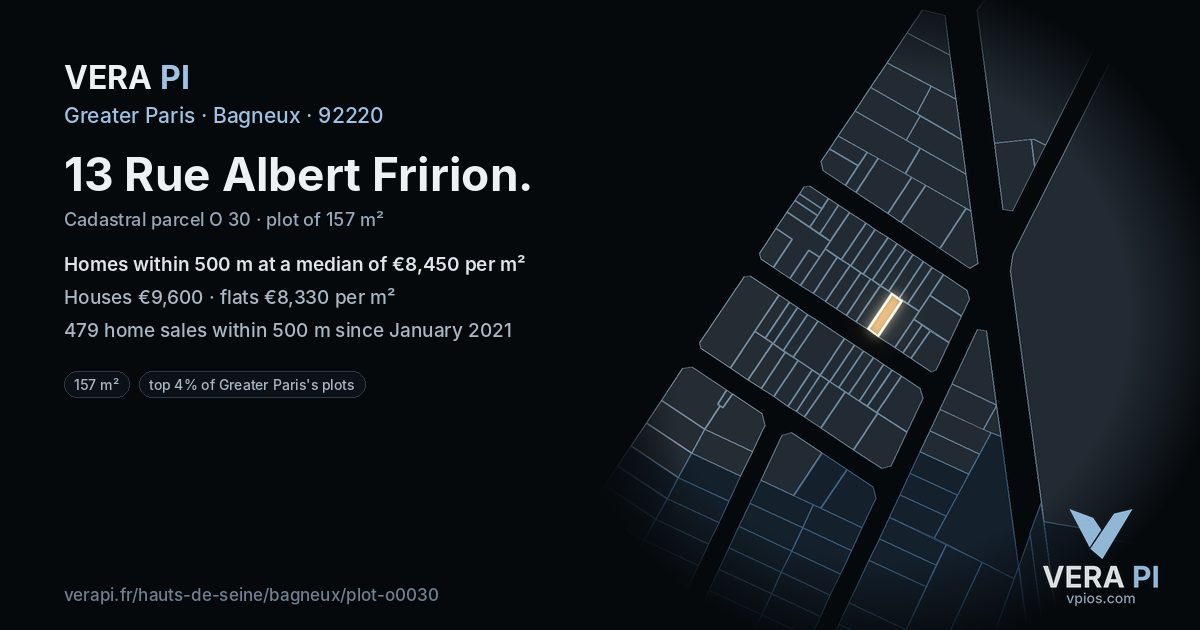 13 Rue Albert Fririon, Bagneux at night – the plot lit, the parcels around coloured by the prices near them