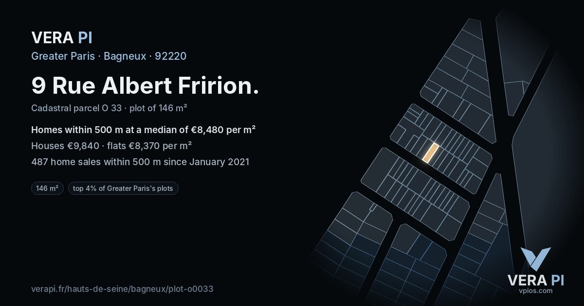 9 Rue Albert Fririon, Bagneux at night – the plot lit, the parcels around coloured by the prices near them