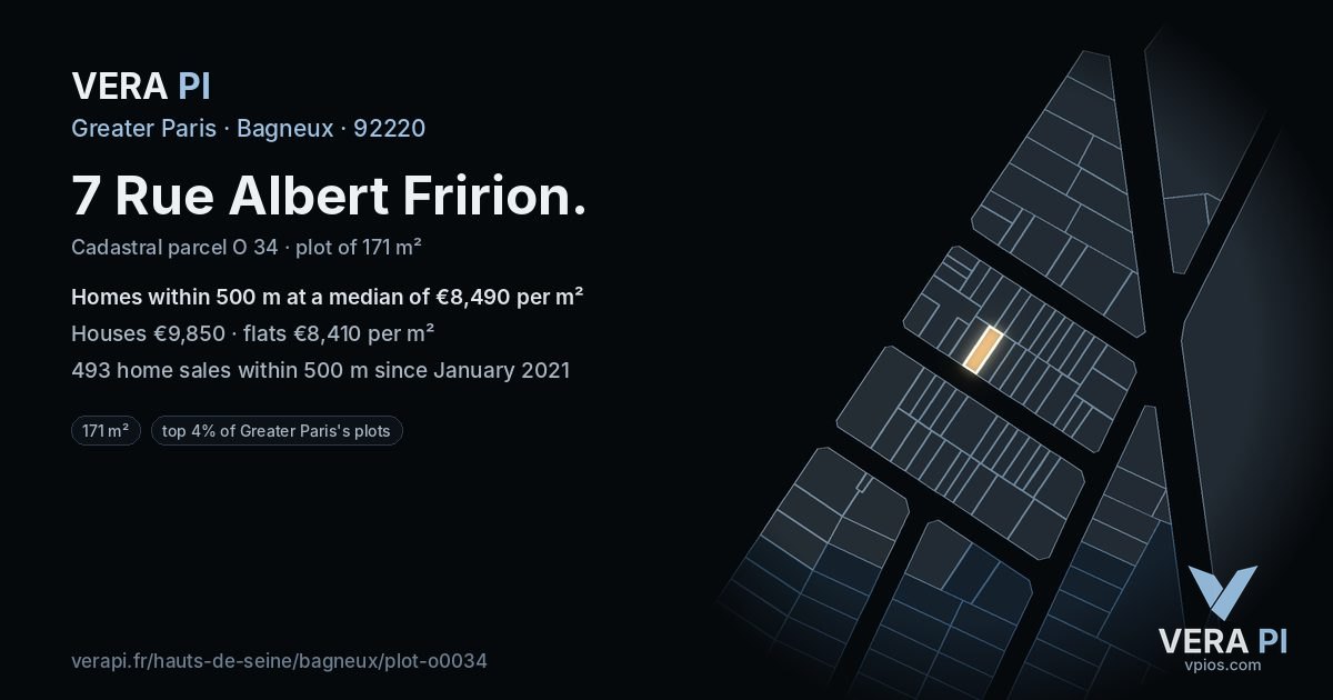 7 Rue Albert Fririon, Bagneux at night – the plot lit, the parcels around coloured by the prices near them