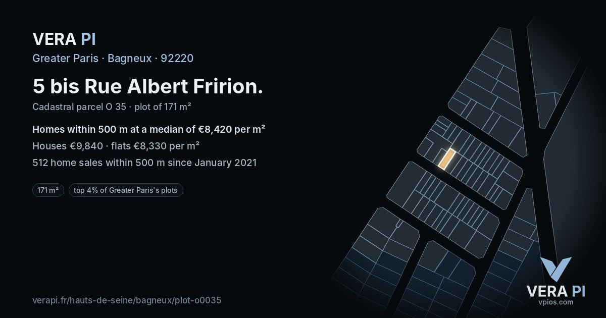5 bis Rue Albert Fririon, Bagneux at night – the plot lit, the parcels around coloured by the prices near them