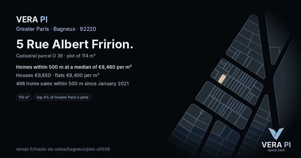 5 Rue Albert Fririon, Bagneux at night – the plot lit, the parcels around coloured by the prices near them