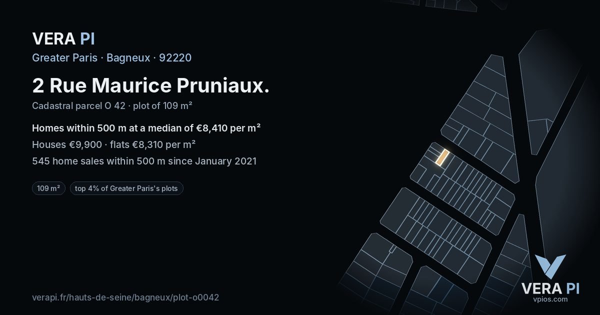 2 Rue Maurice Pruniaux, Bagneux at night – the plot lit, the parcels around coloured by the prices near them