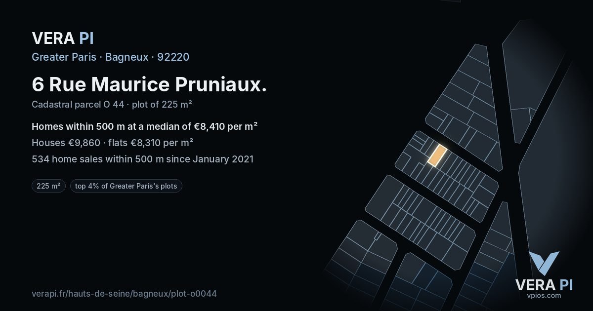 6 Rue Maurice Pruniaux, Bagneux at night – the plot lit, the parcels around coloured by the prices near them