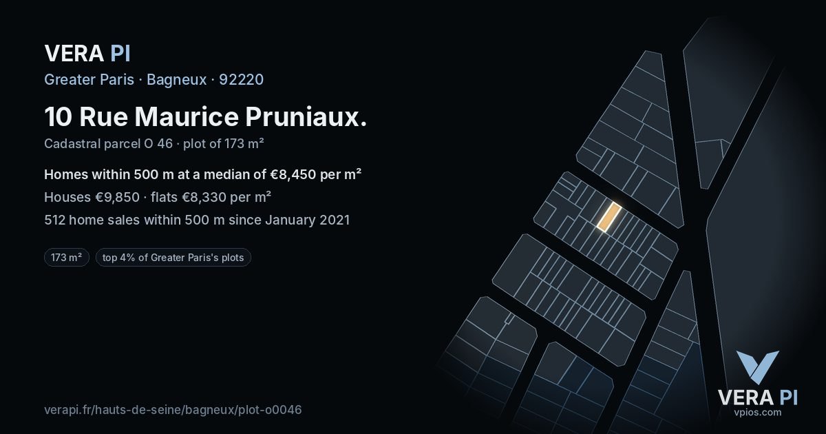 10 Rue Maurice Pruniaux, Bagneux at night – the plot lit, the parcels around coloured by the prices near them