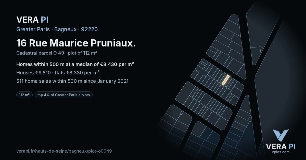 16 Rue Maurice Pruniaux, Bagneux at night – the plot lit, the parcels around coloured by the prices near them