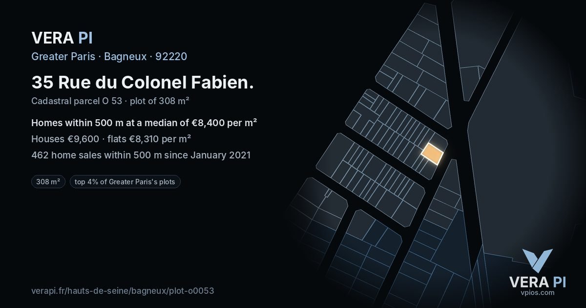 35 Rue du Colonel Fabien, Bagneux at night – the plot lit, the parcels around coloured by the prices near them