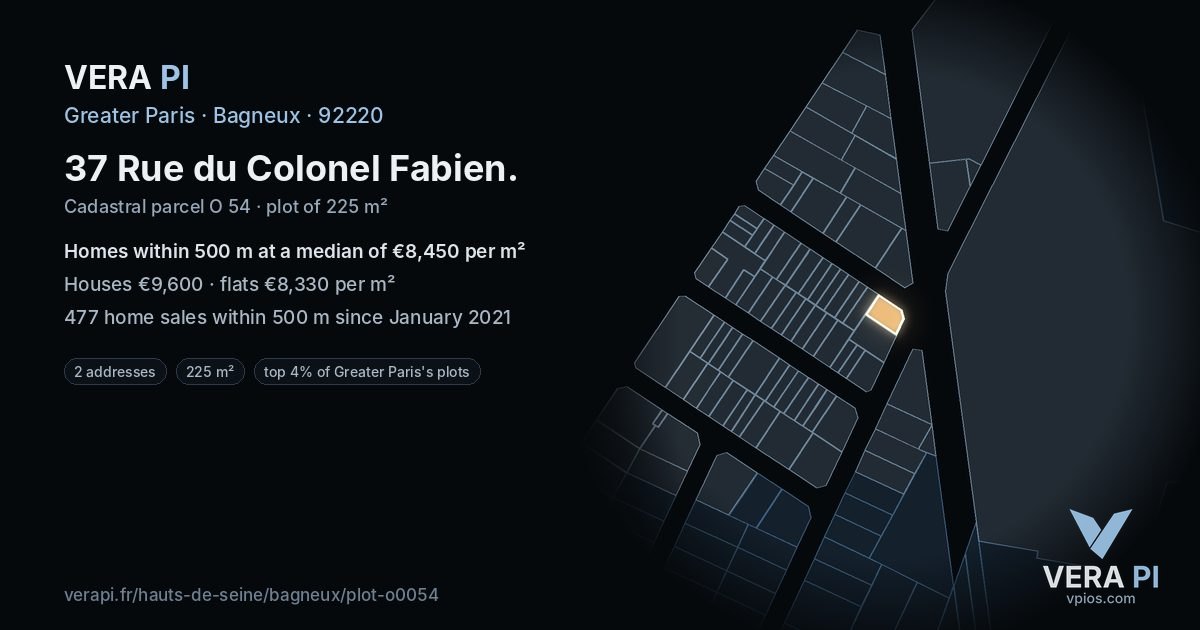 37 Rue du Colonel Fabien, Bagneux at night – the plot lit, the parcels around coloured by the prices near them