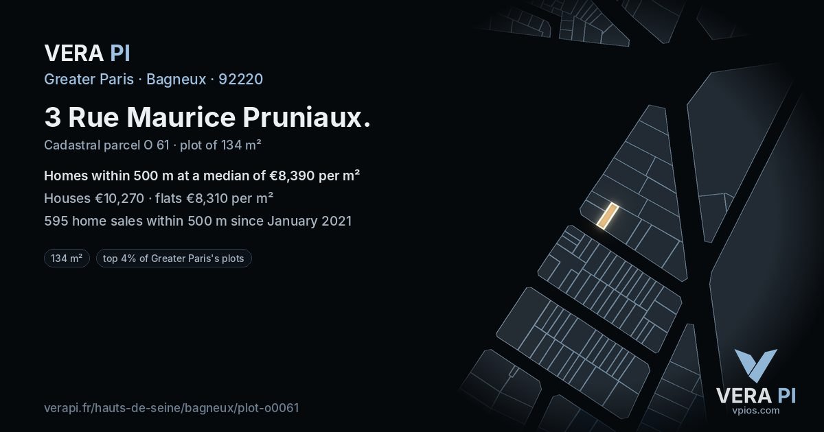 3 Rue Maurice Pruniaux, Bagneux at night – the plot lit, the parcels around coloured by the prices near them