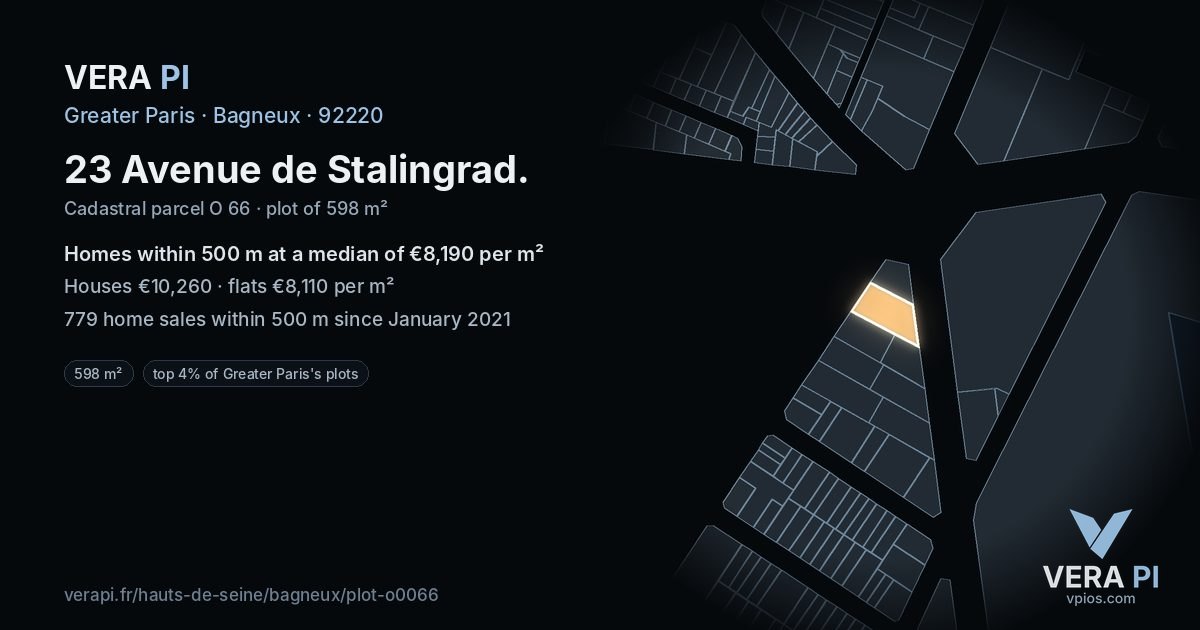 23 Avenue de Stalingrad, Bagneux at night – the plot lit, the parcels around coloured by the prices near them