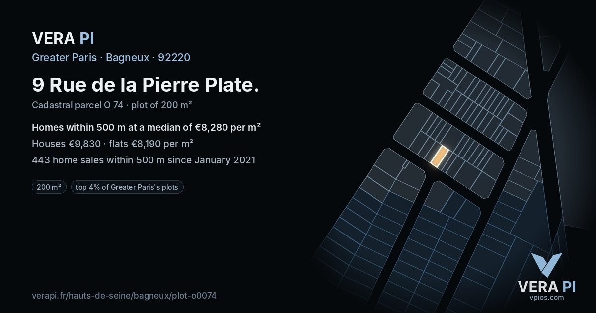 9 Rue de la Pierre Plate, Bagneux at night – the plot lit, the parcels around coloured by the prices near them