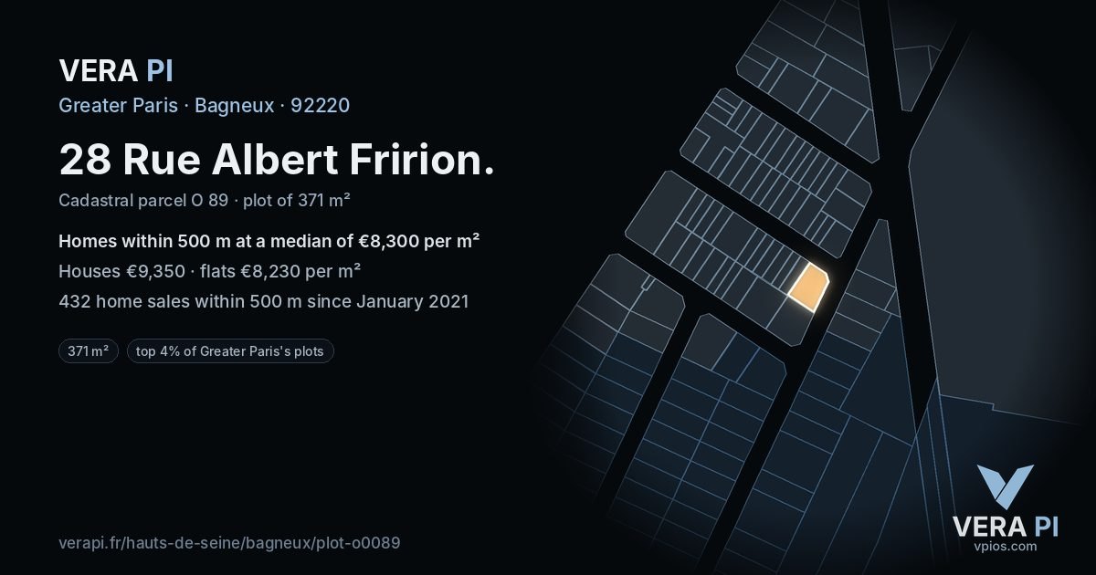 28 Rue Albert Fririon, Bagneux at night – the plot lit, the parcels around coloured by the prices near them
