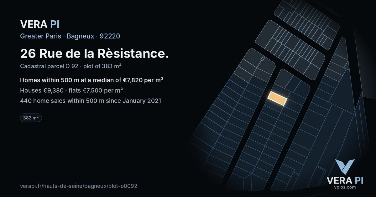 26 Rue de la Rèsistance, Bagneux at night – the plot lit, the parcels around coloured by the prices near them