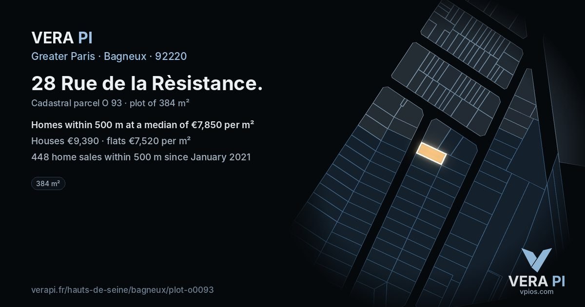 28 Rue de la Rèsistance, Bagneux at night – the plot lit, the parcels around coloured by the prices near them