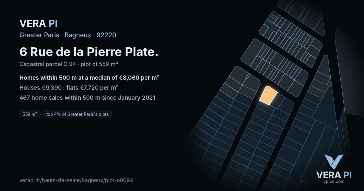 6 Rue de la Pierre Plate, Bagneux at night – the plot lit, the parcels around coloured by the prices near them