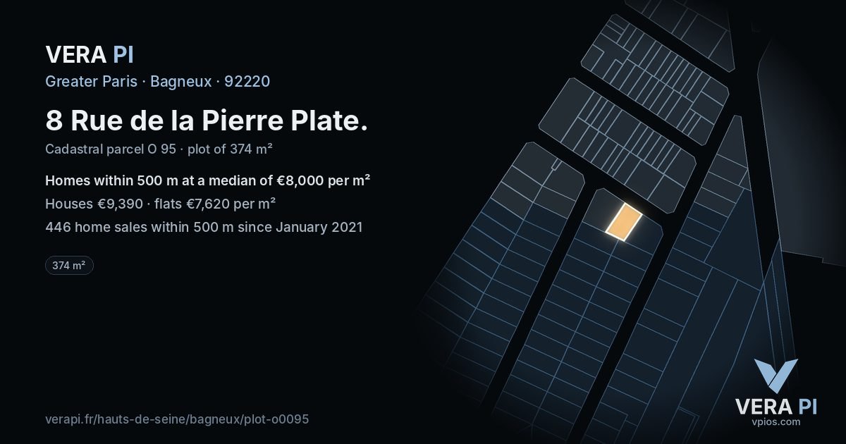 8 Rue de la Pierre Plate, Bagneux at night – the plot lit, the parcels around coloured by the prices near them