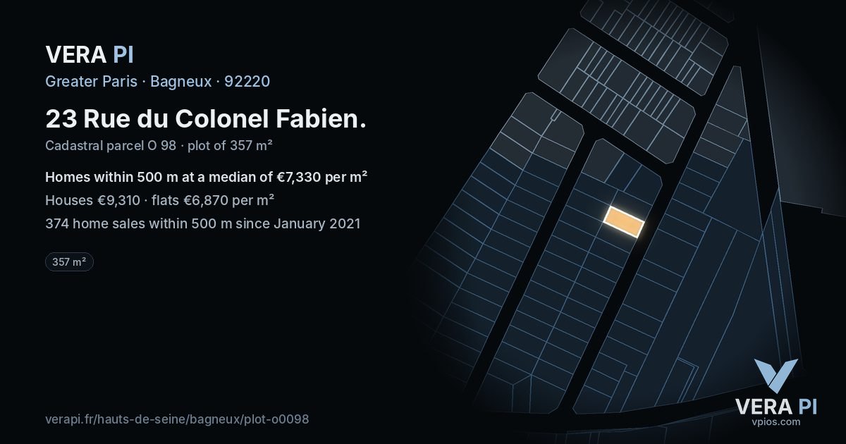 23 Rue du Colonel Fabien, Bagneux at night – the plot lit, the parcels around coloured by the prices near them