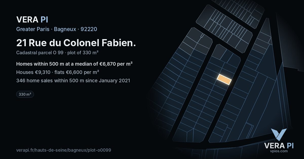 21 Rue du Colonel Fabien, Bagneux at night – the plot lit, the parcels around coloured by the prices near them