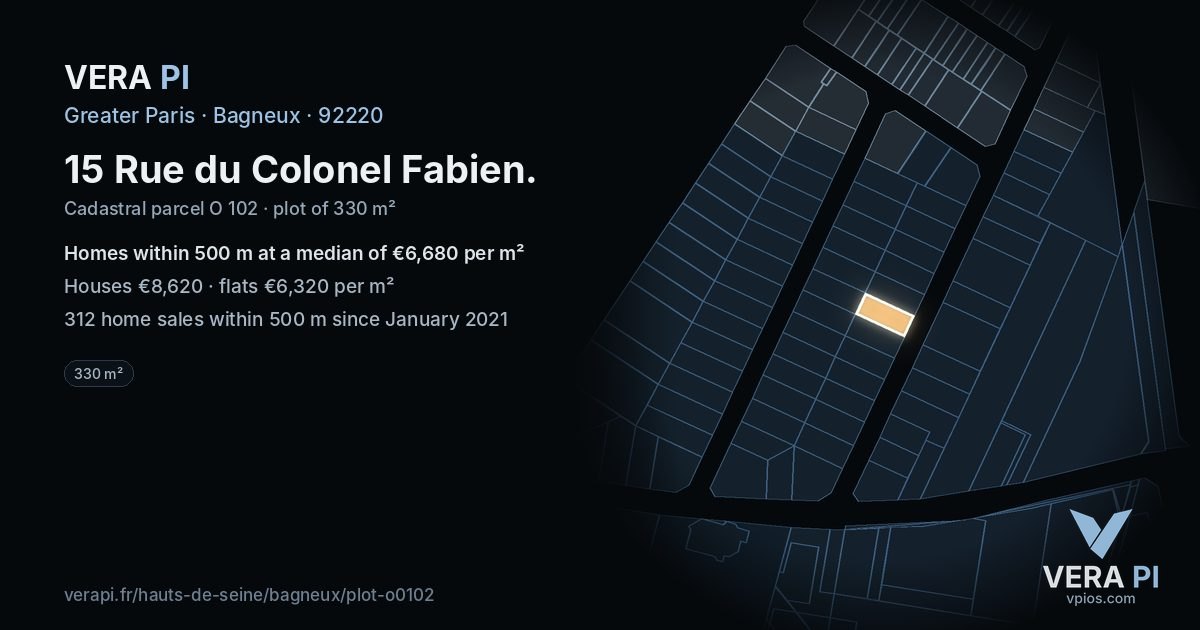 15 Rue du Colonel Fabien, Bagneux at night – the plot lit, the parcels around coloured by the prices near them