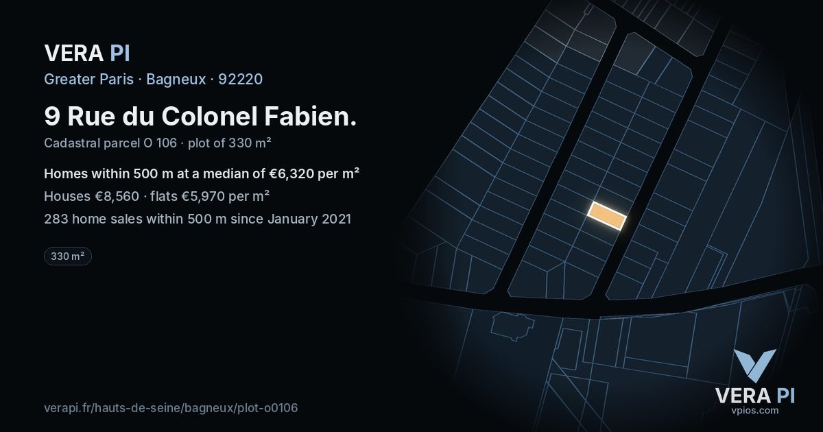 9 Rue du Colonel Fabien, Bagneux at night – the plot lit, the parcels around coloured by the prices near them