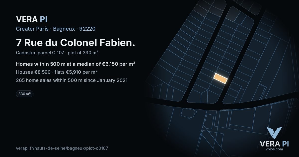 7 Rue du Colonel Fabien, Bagneux at night – the plot lit, the parcels around coloured by the prices near them