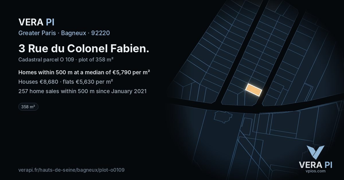 3 Rue du Colonel Fabien, Bagneux at night – the plot lit, the parcels around coloured by the prices near them