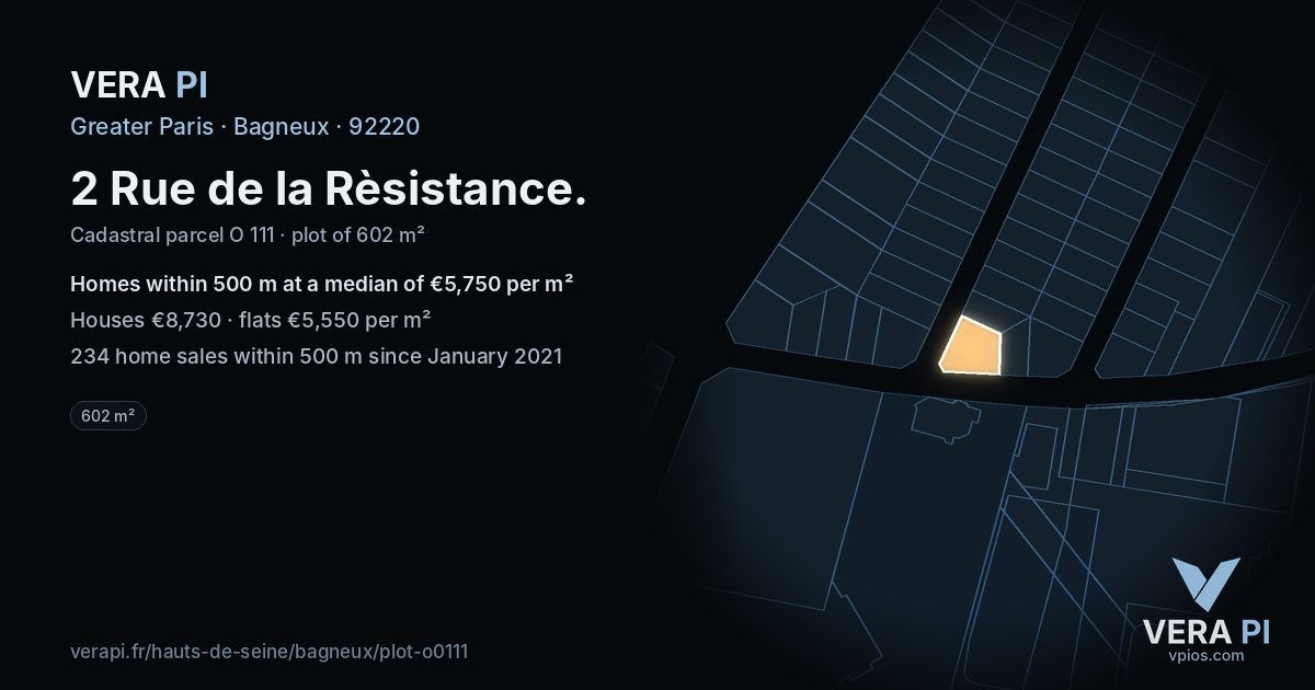2 Rue de la Rèsistance, Bagneux at night – the plot lit, the parcels around coloured by the prices near them