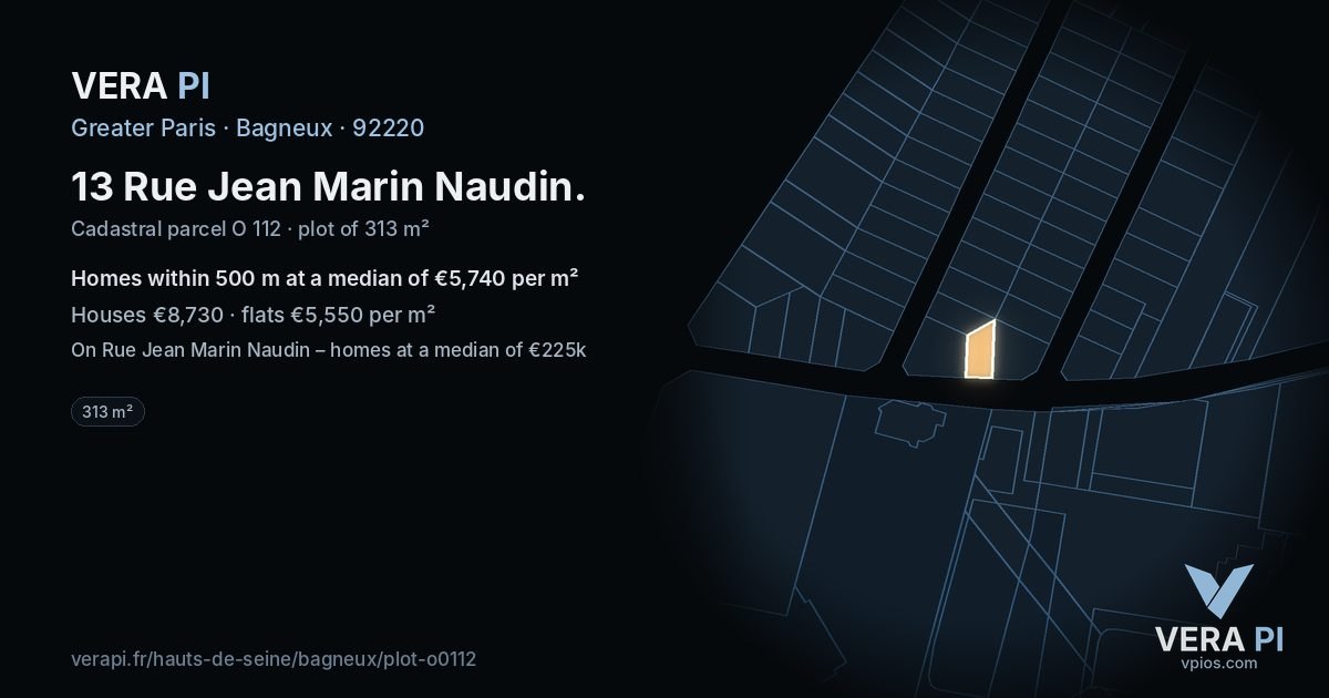 13 Rue Jean Marin Naudin, Bagneux at night – the plot lit, the parcels around coloured by the prices near them