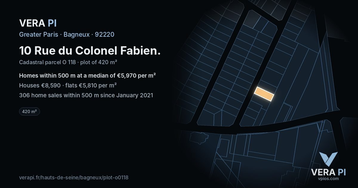 10 Rue du Colonel Fabien, Bagneux at night – the plot lit, the parcels around coloured by the prices near them